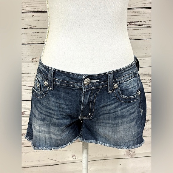 Miss Me Pants - Miss Me Y2K Blue Denim Shorts with Fleur De Lis and Stud Embellishments Size 29